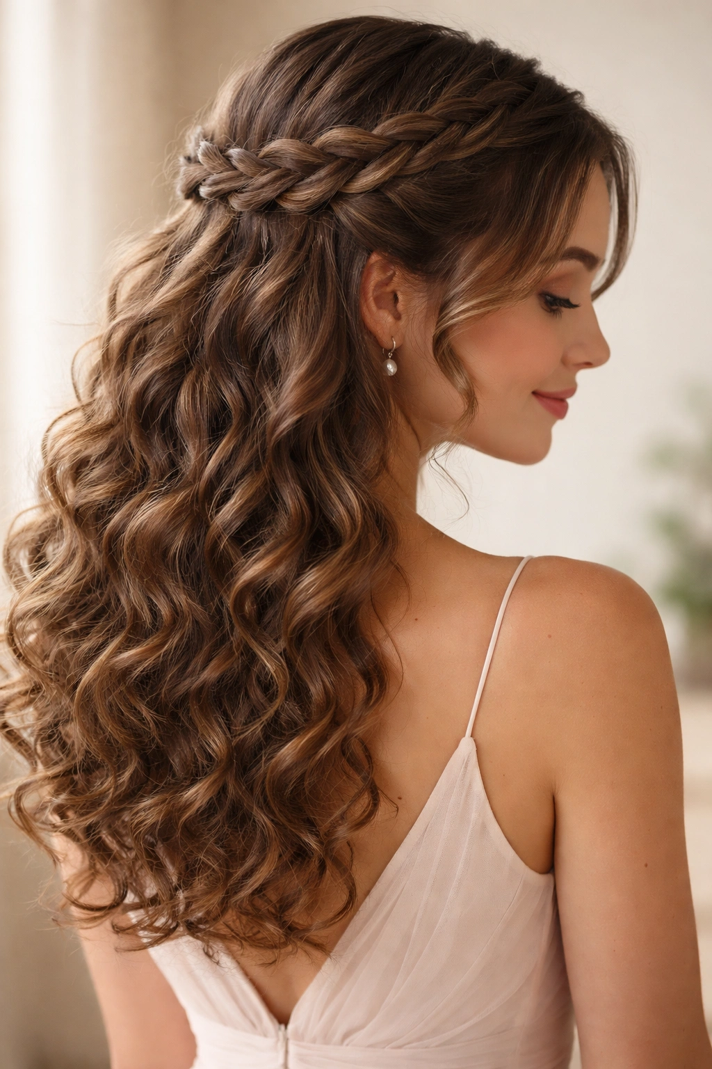 Romantic braided crown over curly hair with loose curls below