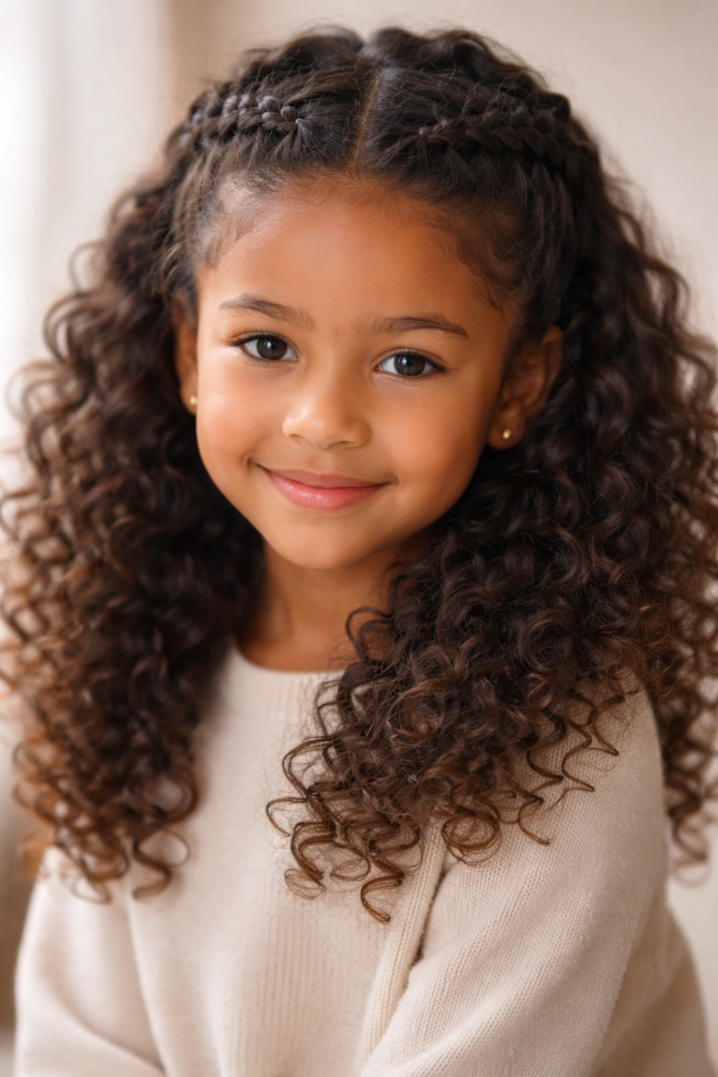 Close-up of a child with a braided crown half-up on top of natural curls.