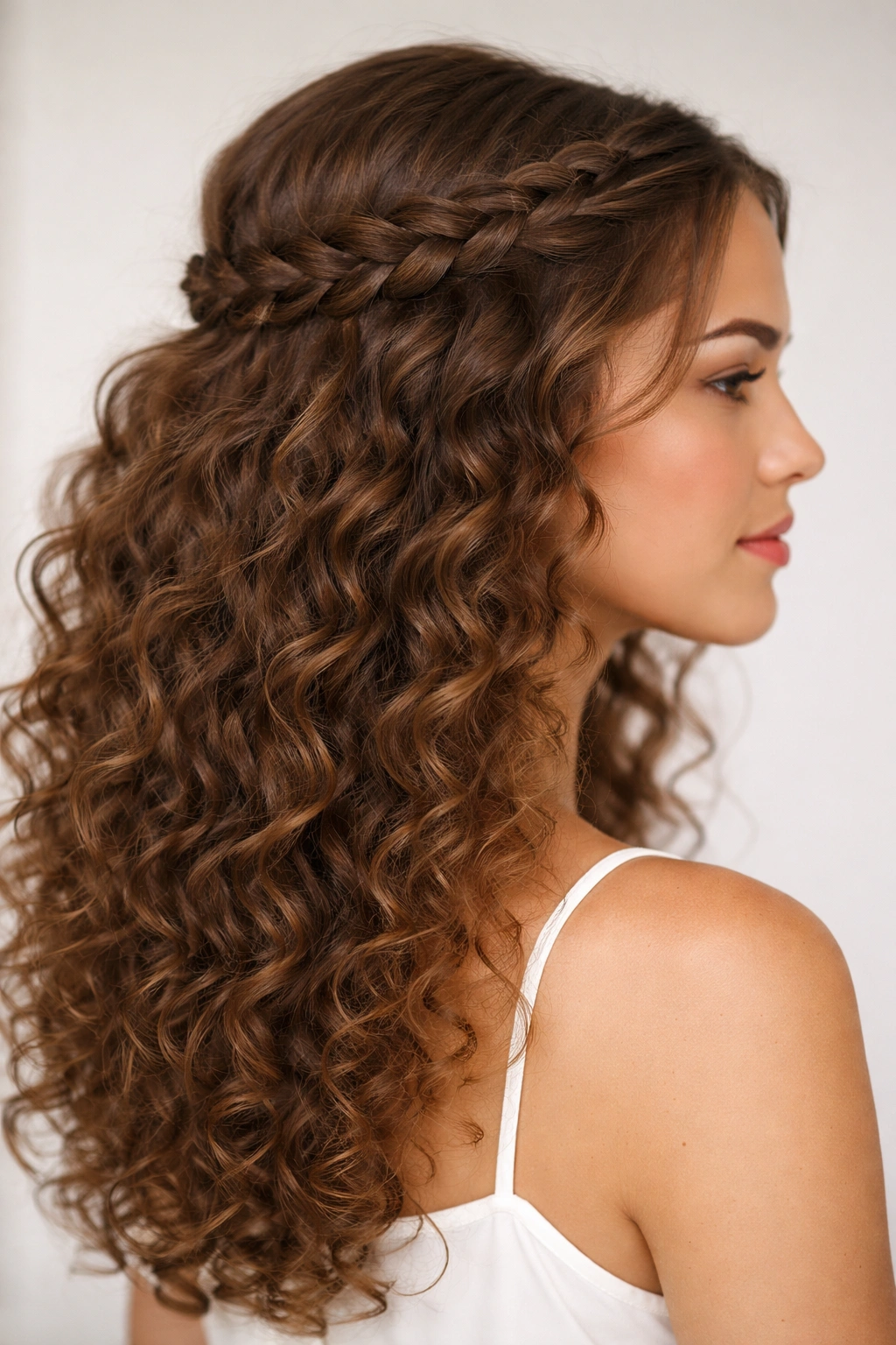 Crown braid around the head with curly hair below
