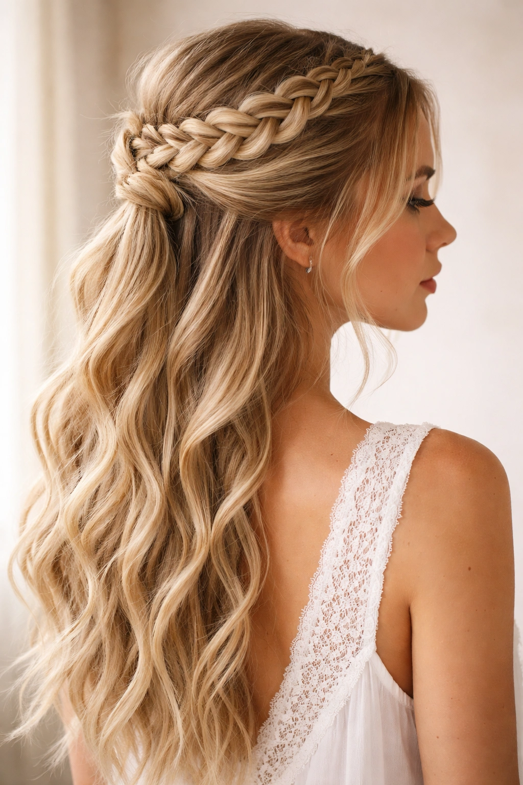 Halo braided crown with braided half-up ponytail hairstyle
