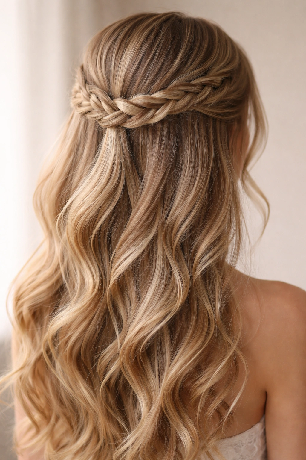Close-up of braided crown half-up hairstyle with loose waves