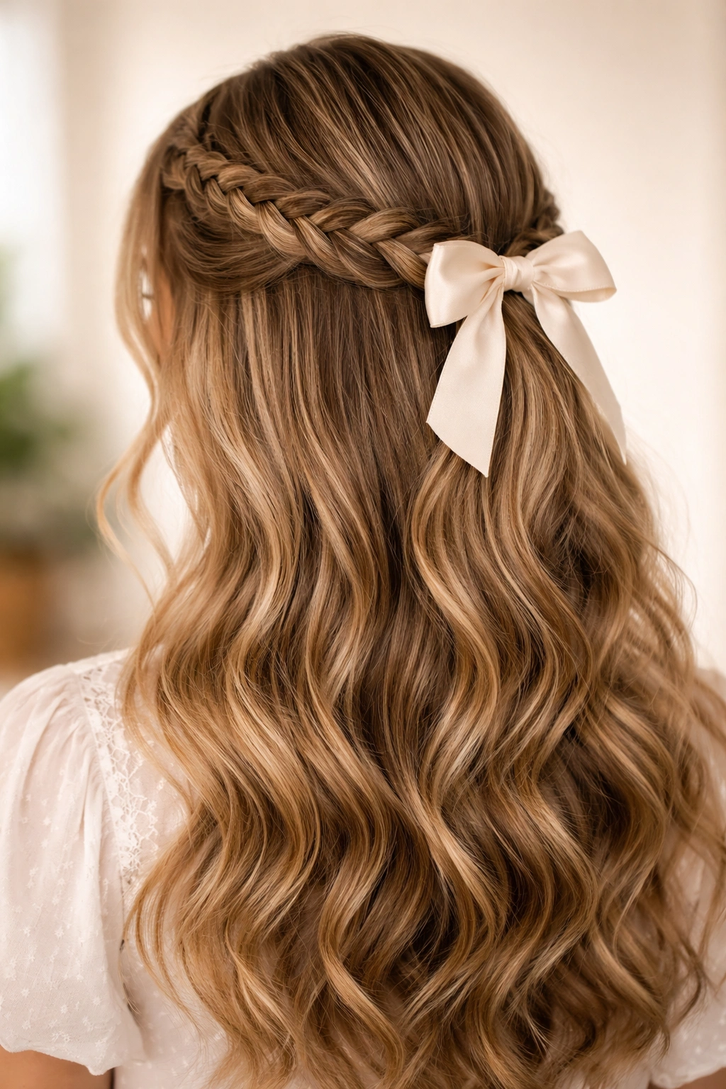 Delicate braided crown half-up with bow at back