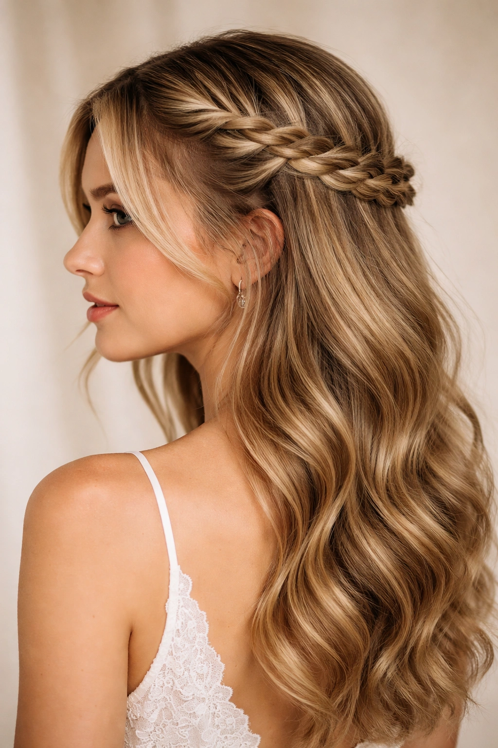 Close-up of braided crown half-up hairstyle with Dutch braid across the back