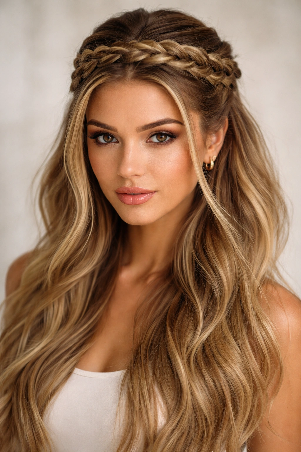 Close-up of a crown braid forming a half-up hairstyle with loose hair