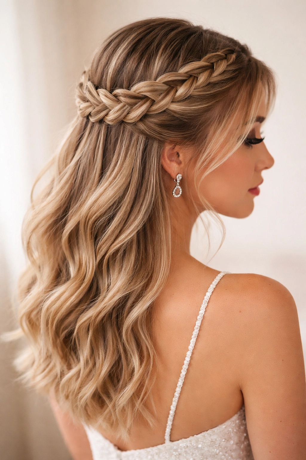 Braided crown half-up hairstyle with Dutch braids forming a crown and loose waves