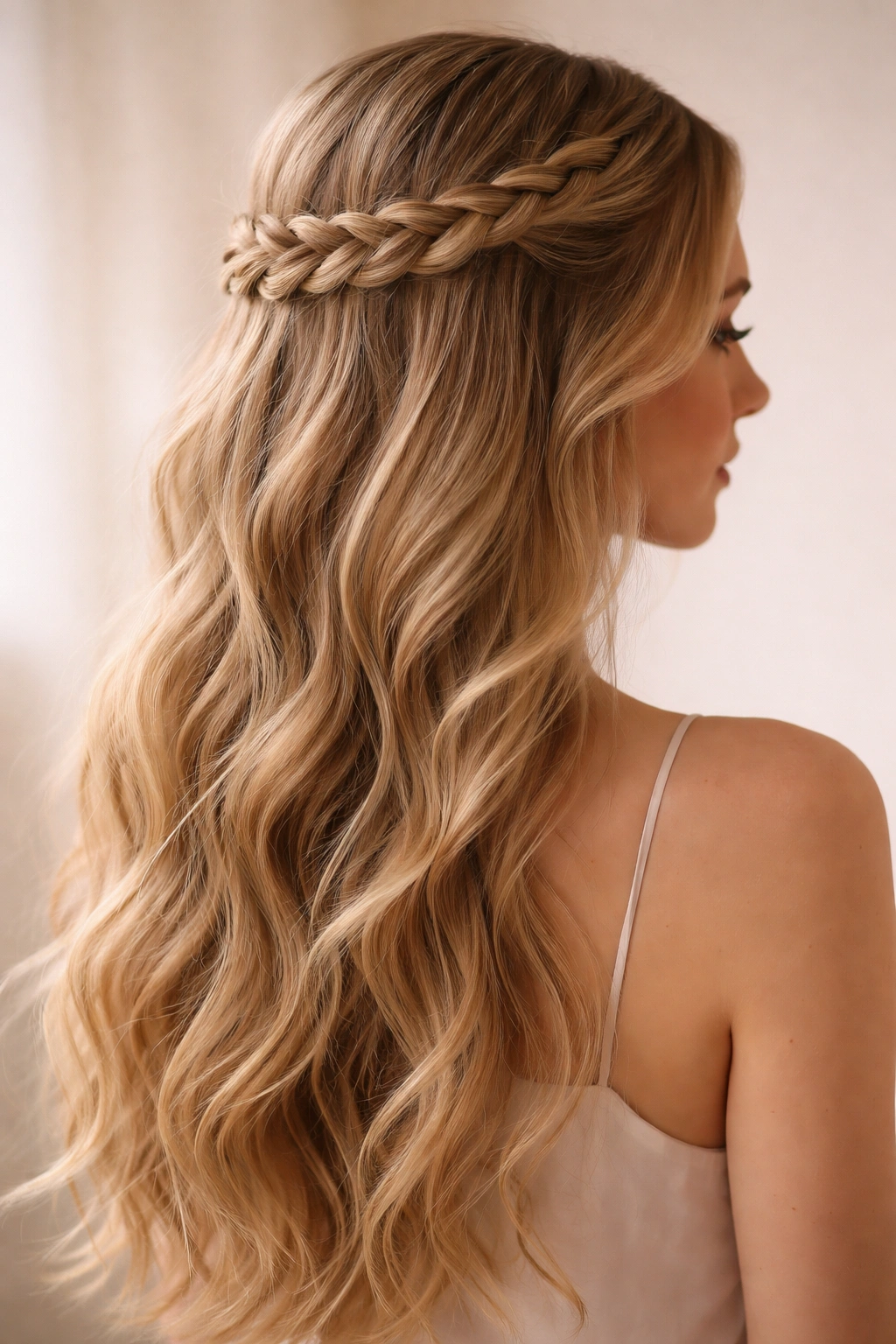 Close-up of a braided crown hairstyle with loose waves cascading below