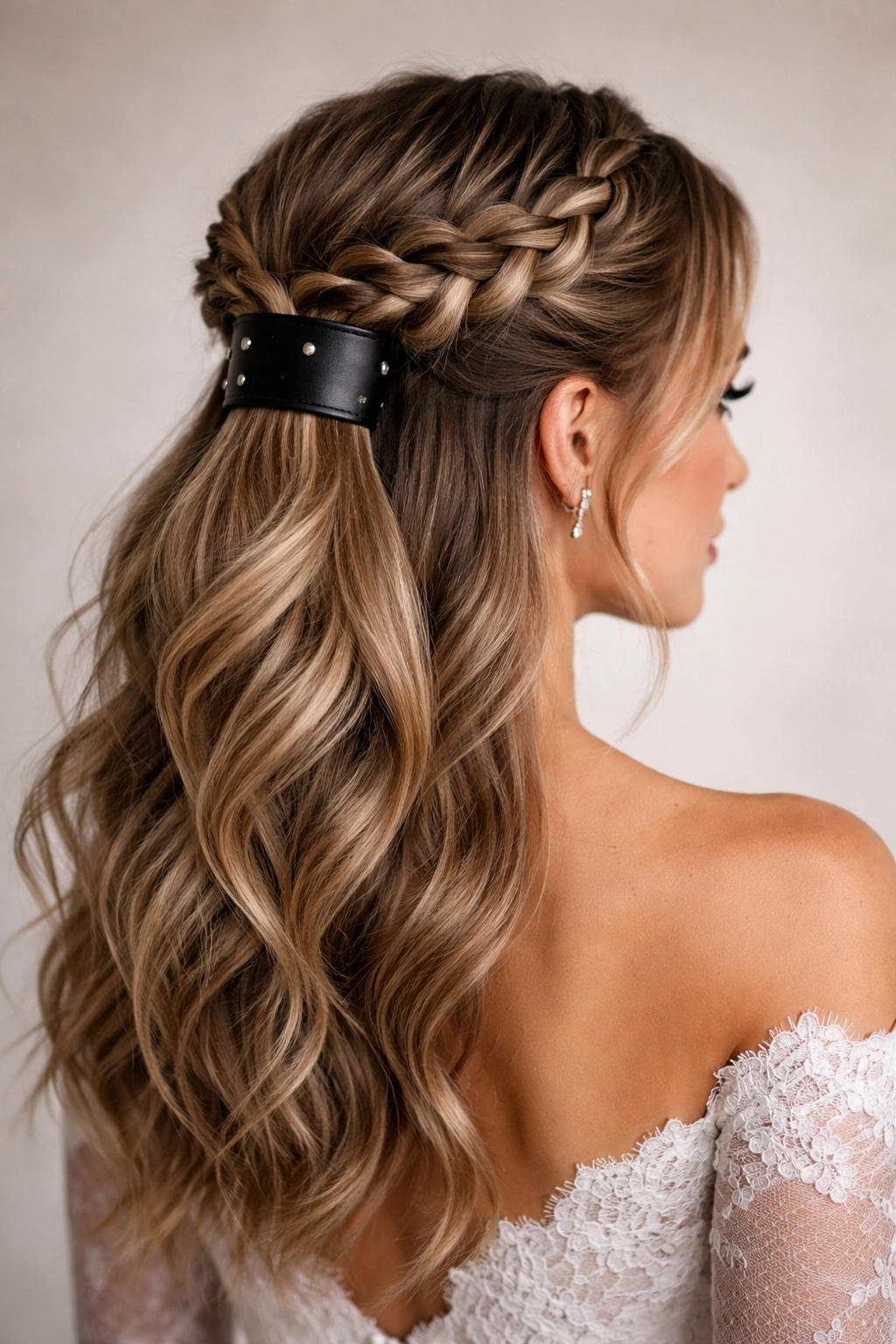 Bride with braided crown half-up and leather cuff accent at back.