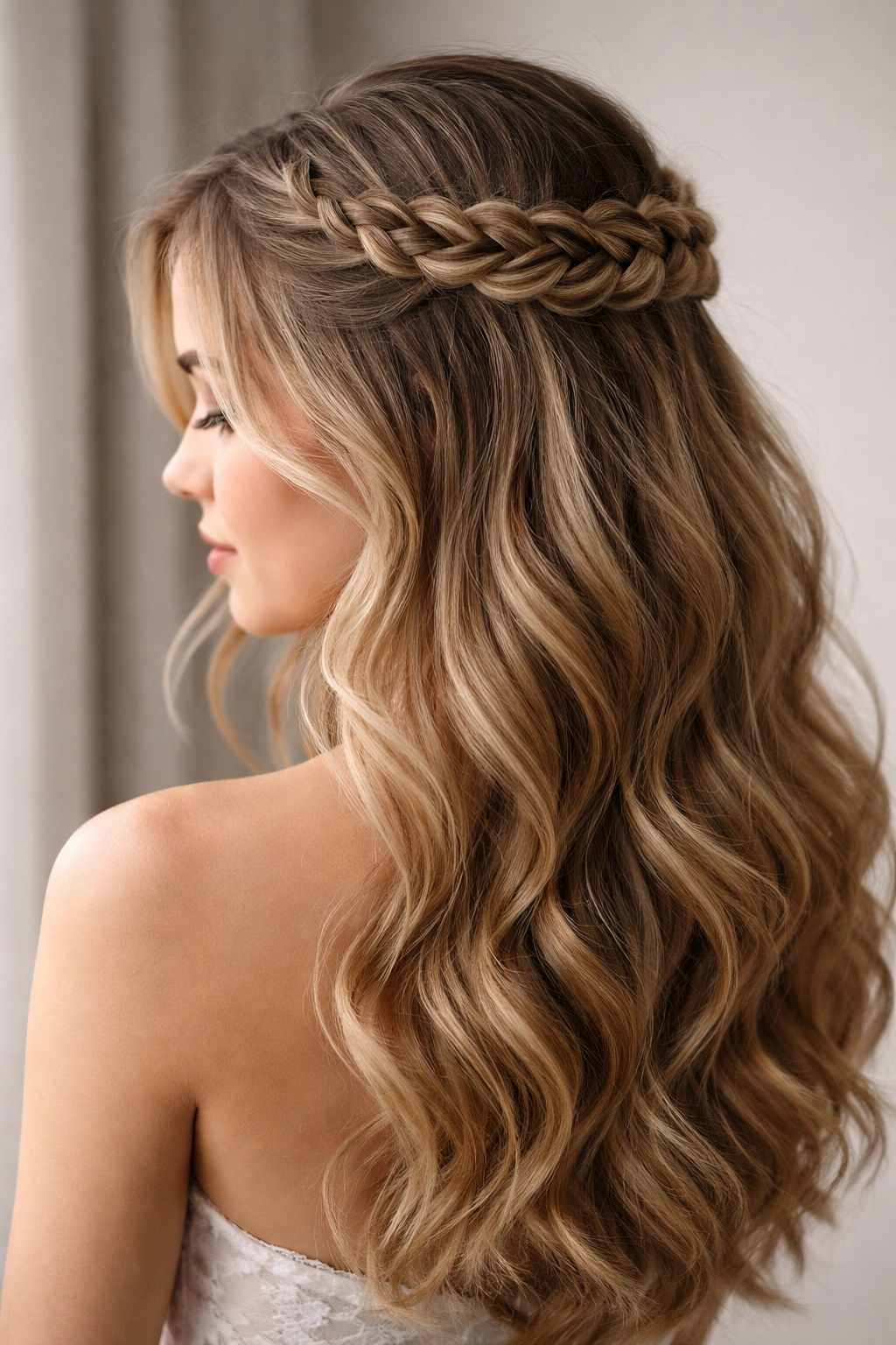Braided crown half-up hairstyle with soft face-framing waves