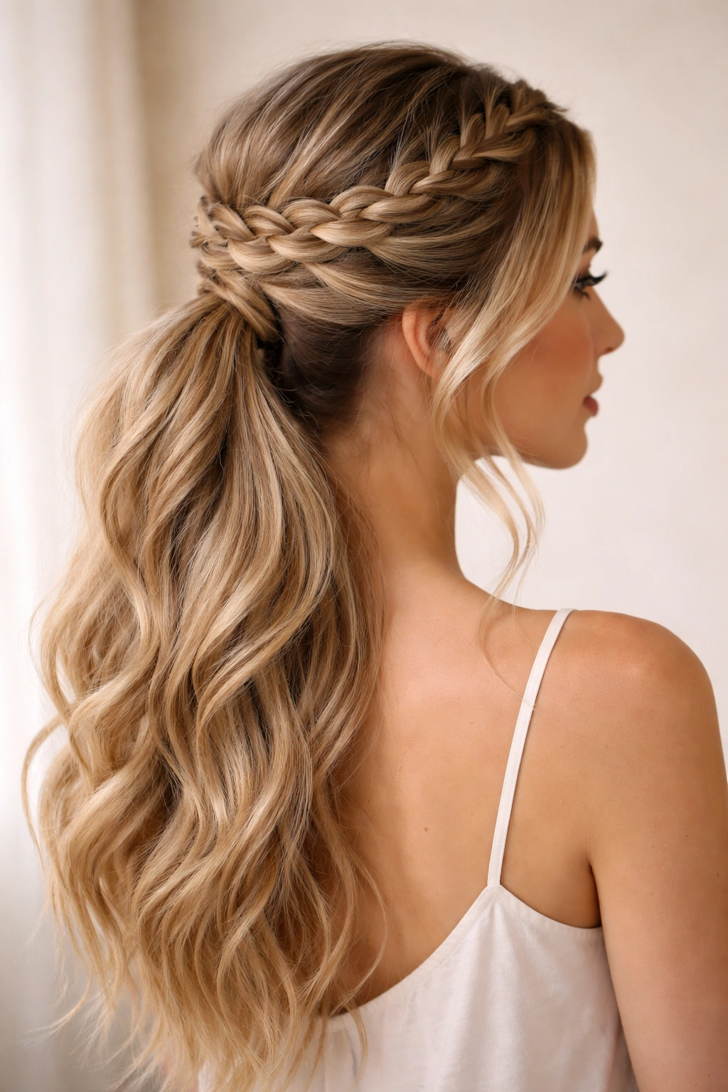 Crown braid across the back of the head with twisted ponytail