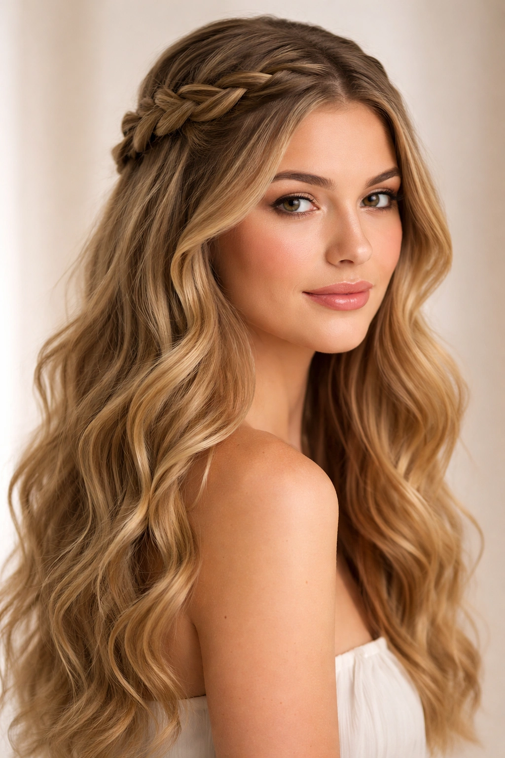 Portrait of a head with a braided crown half-up and flowing waves beneath