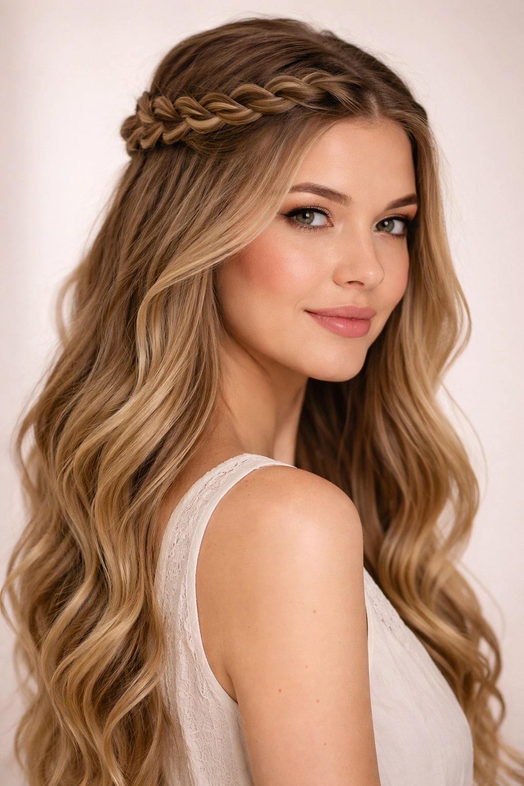 Head with a horizontal crown braid and flowing hair below