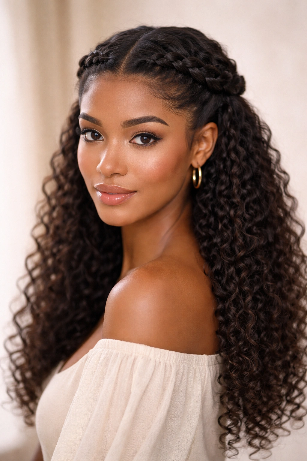 Face-framing braids forming a crown that meet at the back.
