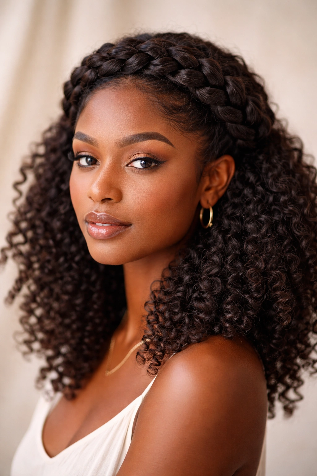 Close-up of a braided crown halo hairstyle with coily curls underneath