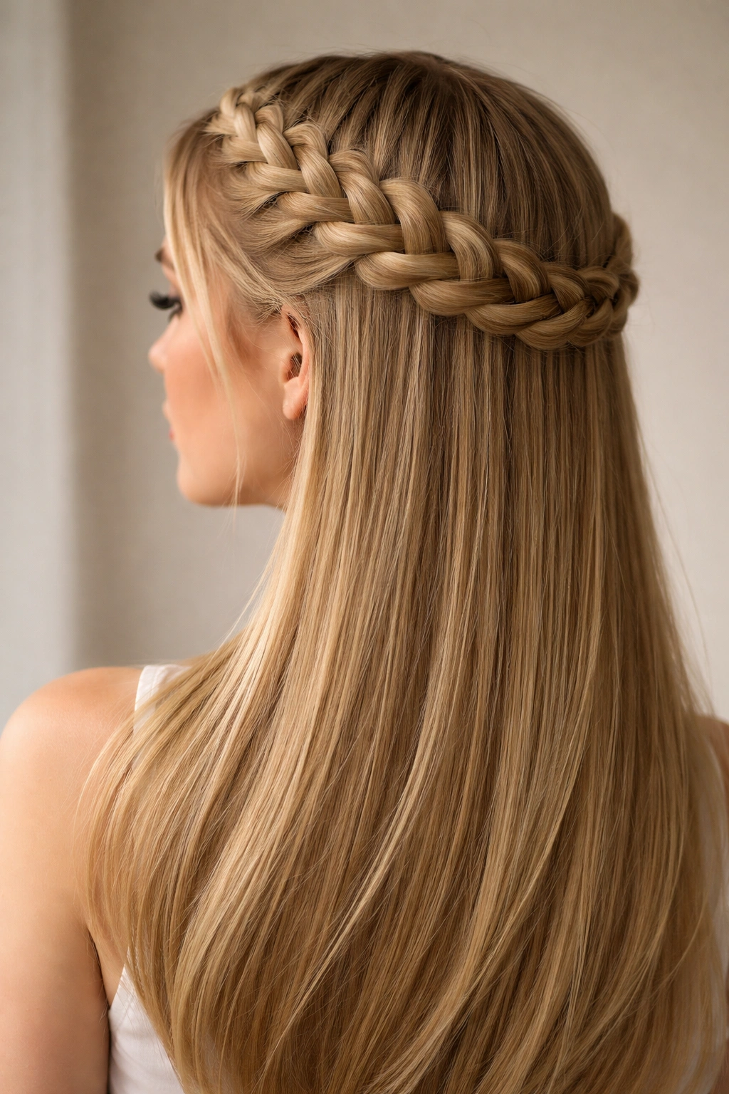 Braided crown halo on straight hair with hair flowing down in a studio portrait