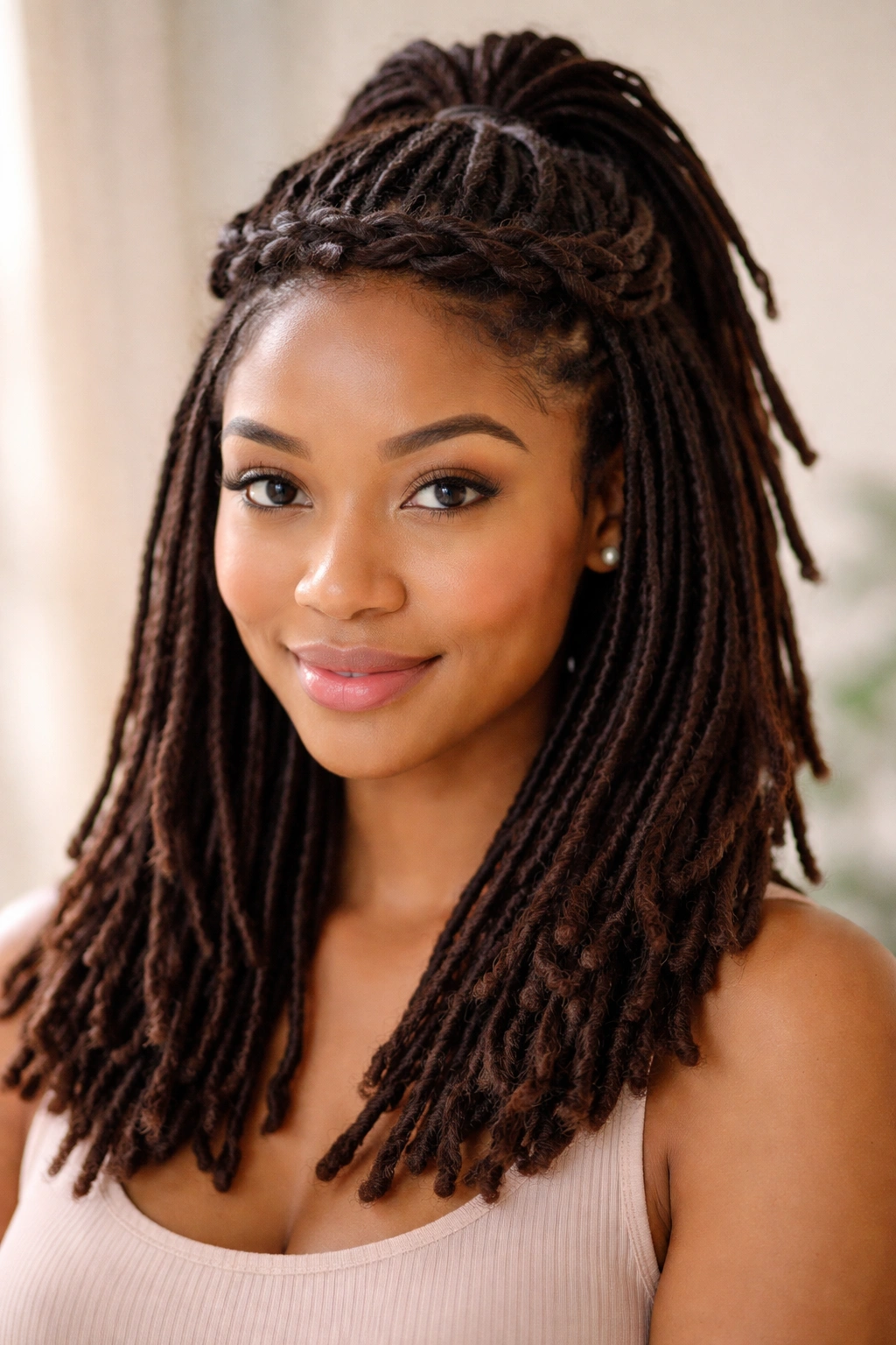 Close-up of locs with a braided crown half-up hairstyle on medium locs