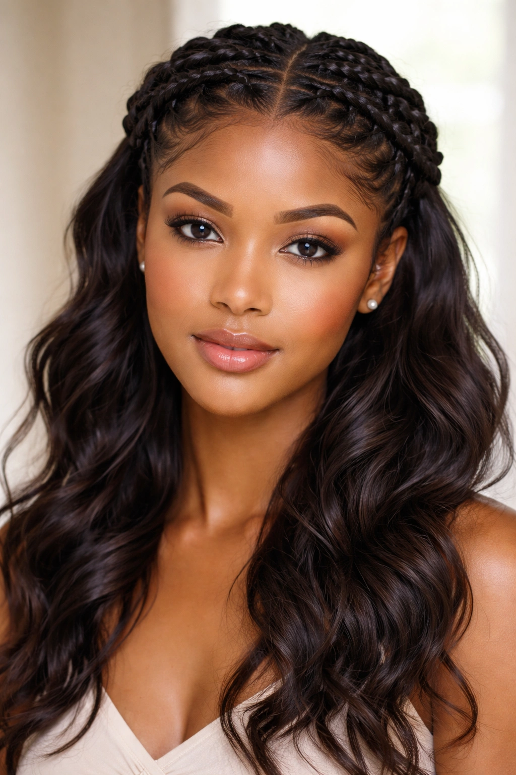 Braided crown encircling head with loose center hair