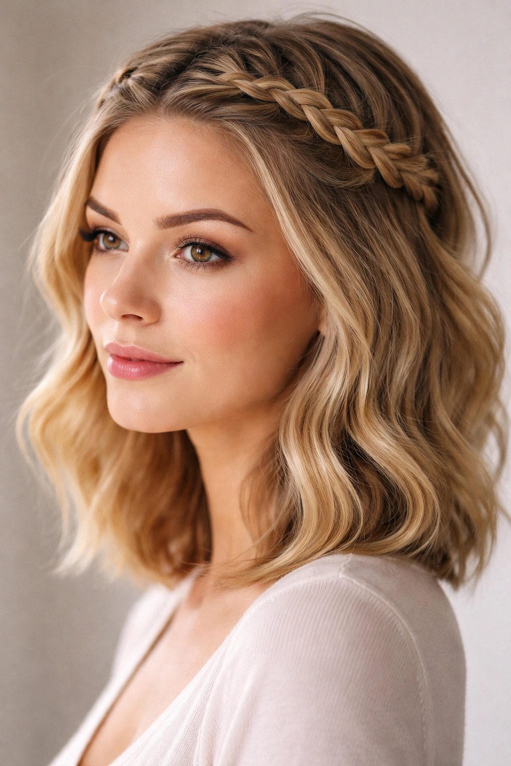 Crown braid along the crown with loose waves