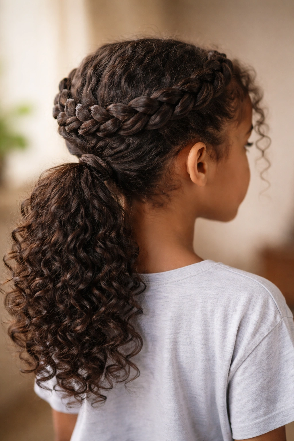 Braided crown encircling the head with a low ponytail at the nape