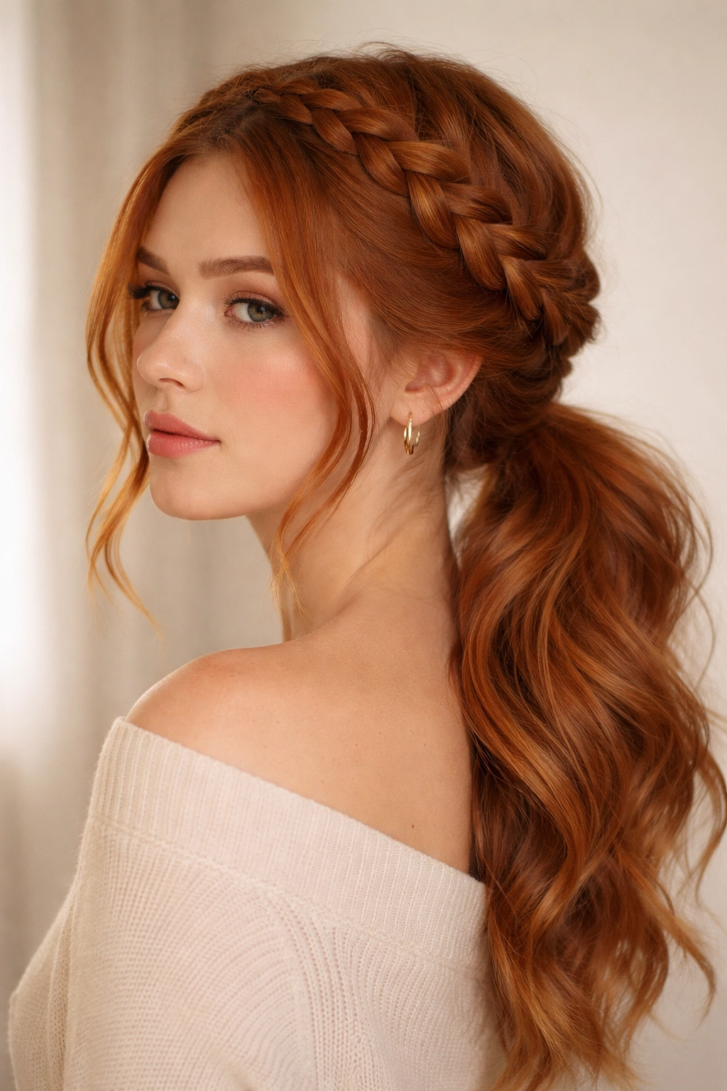 Ginger-haired person with a crown braid and low ponytail