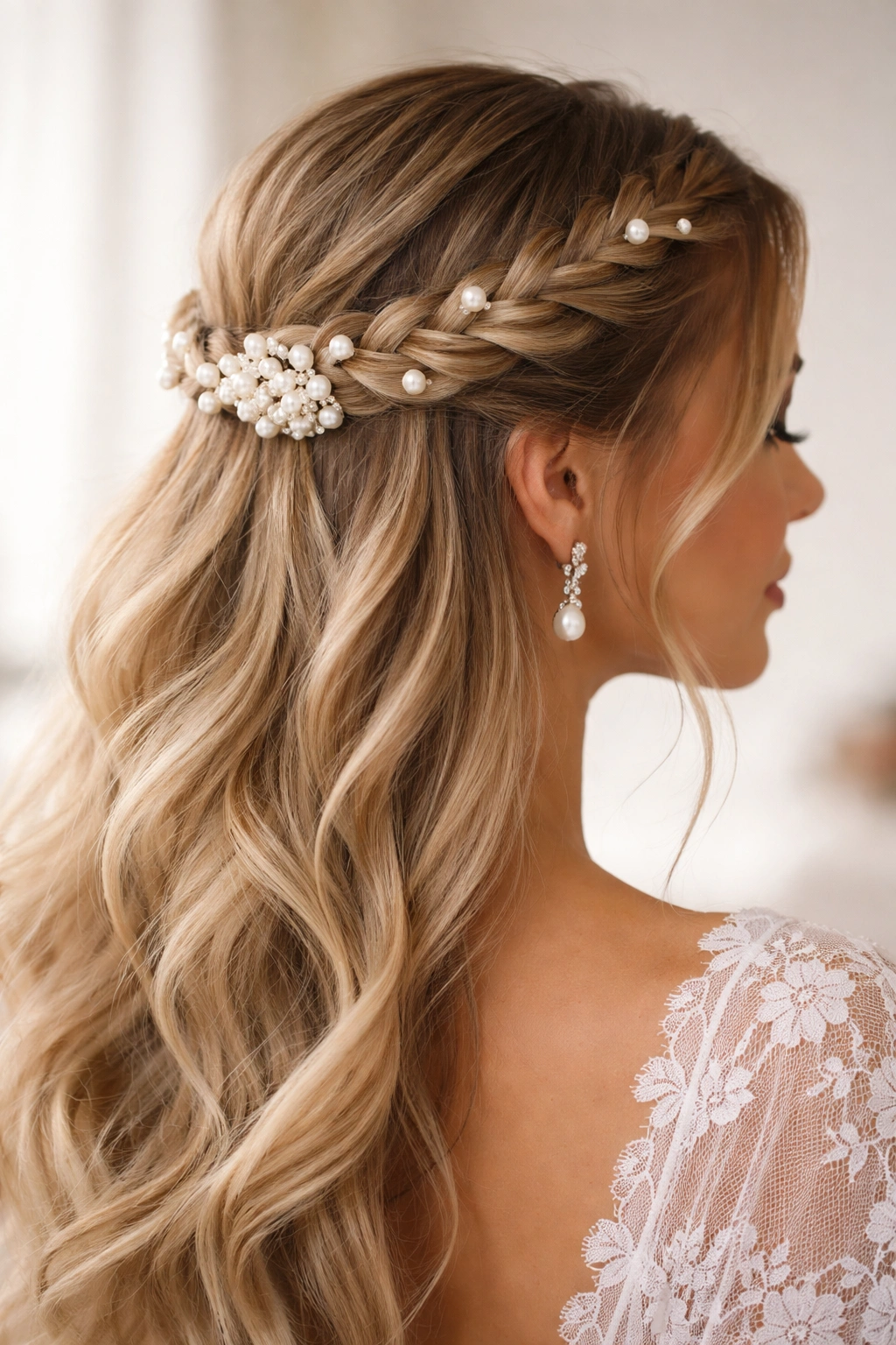 Braided crown with pearl clip anchoring half-up