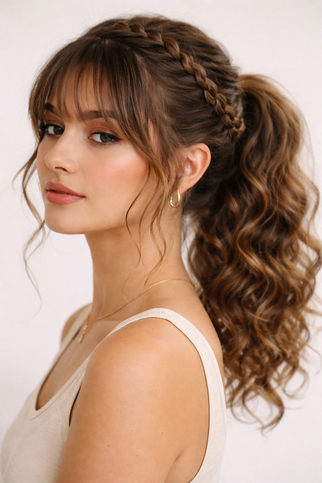 Portrait showing braided crown and loose curly ponytail with bangs