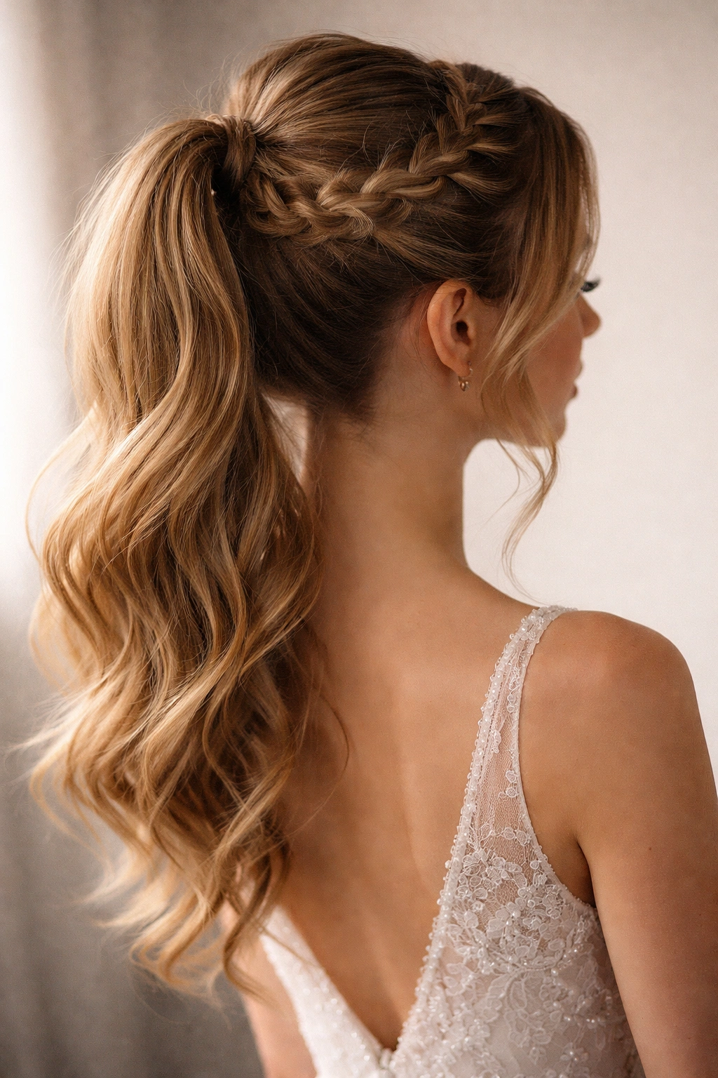 Rear view of romantic braided crown pony with Dutch braid around the crown