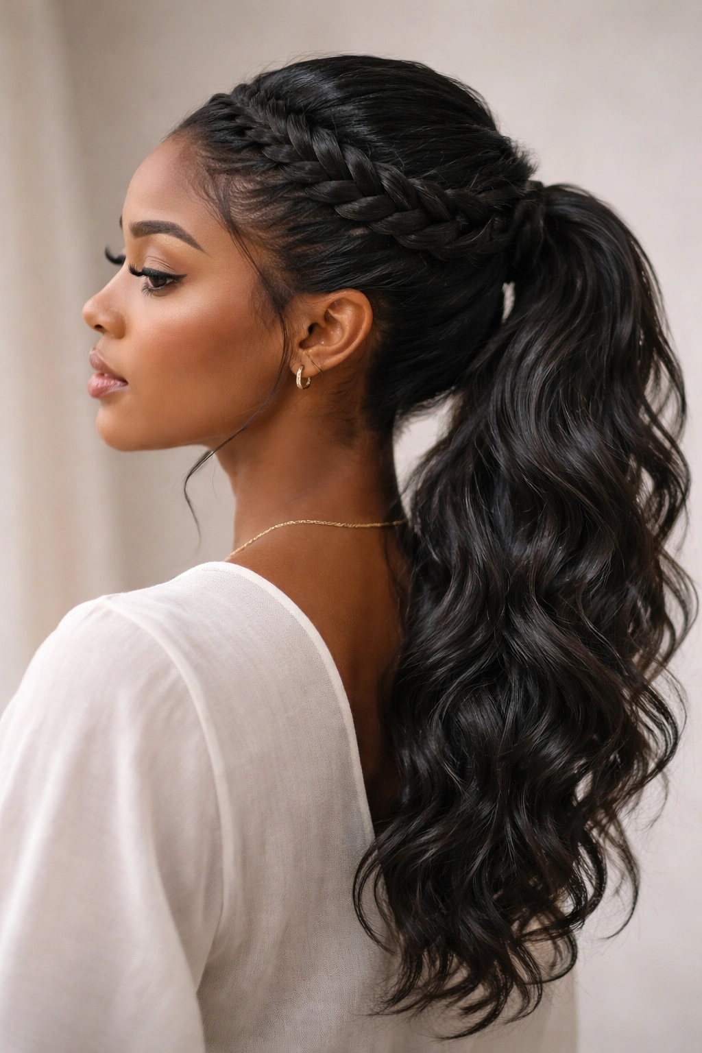 Crown braid encircling a ponytail with loose waves