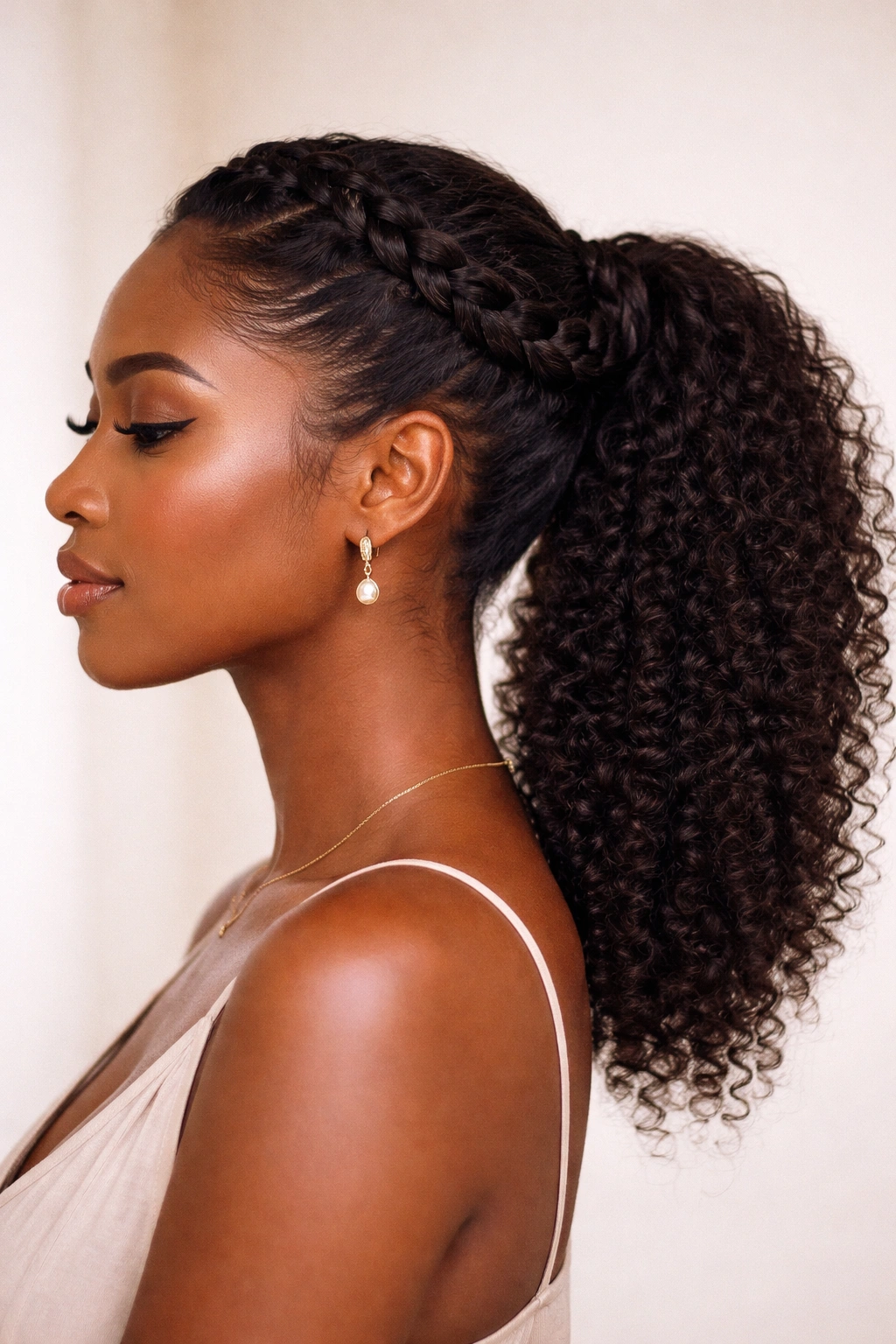 Braided crown around head with ponytail at back