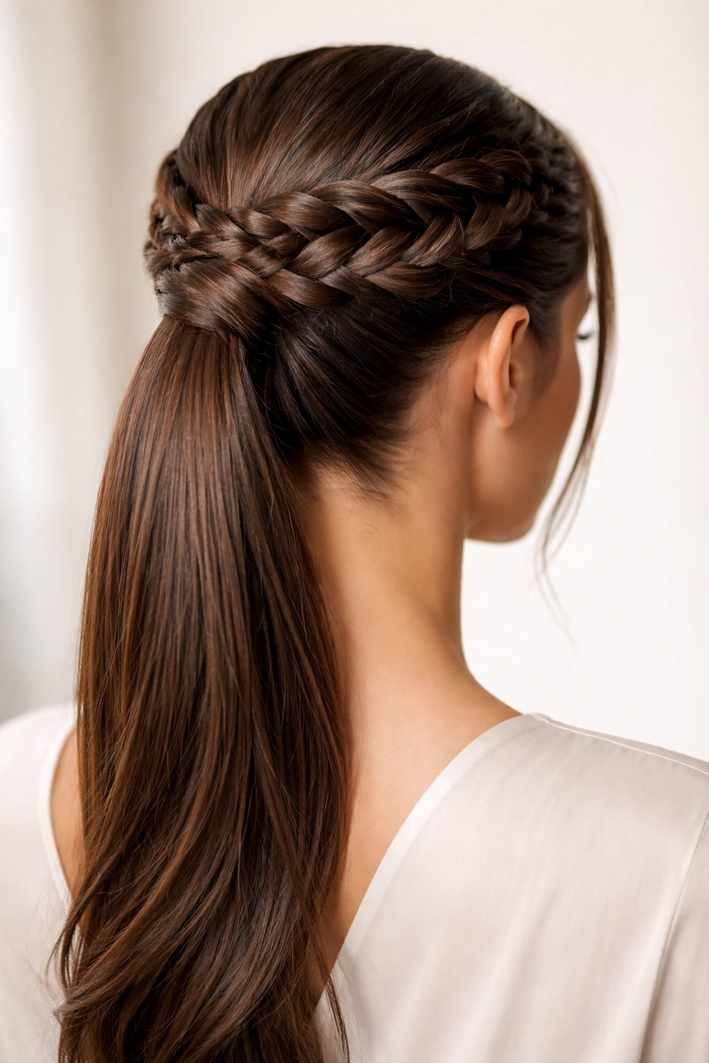 Intricate braided crown ponytail with a wrap-around braid at the base