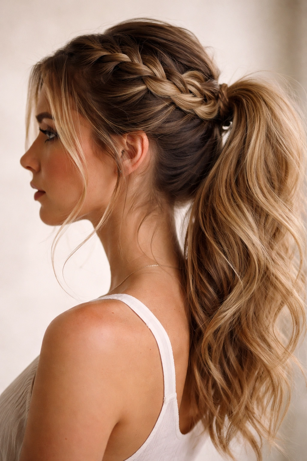 Dutch braid crown weaving into a ponytail.