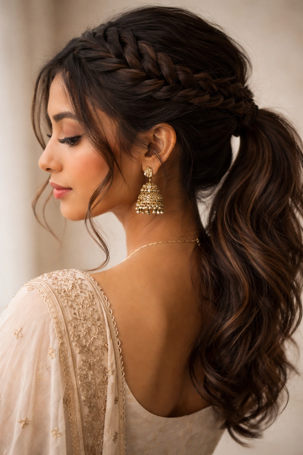 Braided crown transitioning into a loose low ponytail in studio lighting