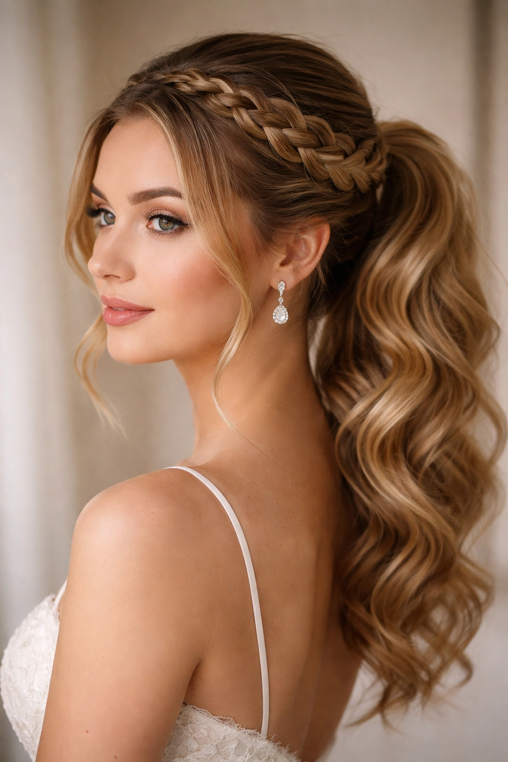 Close-up of crown braid wrapping around head into textured ponytail against neutral backdrop