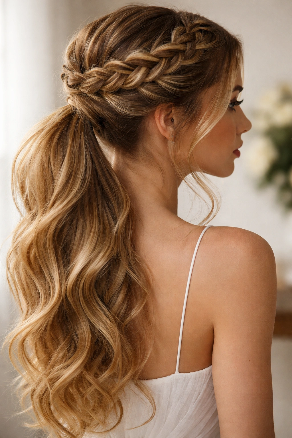 Braided crown around head with soft ponytail drop