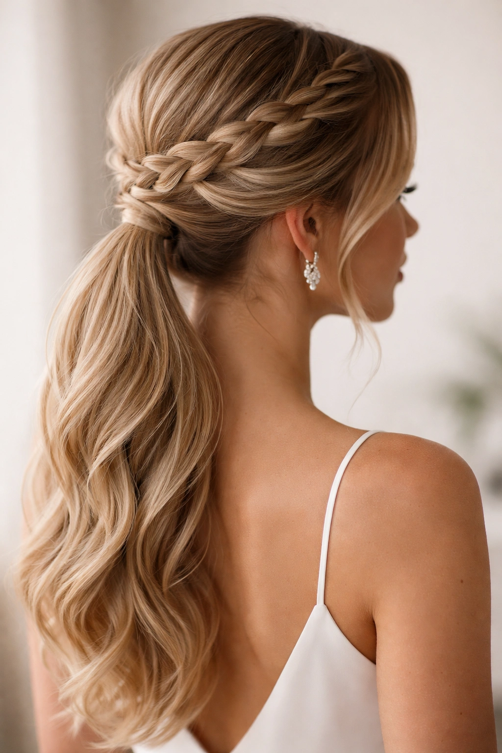 Braided crown arching over head into a low ponytail