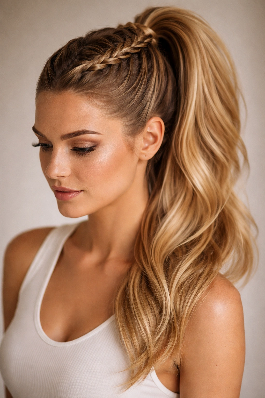 Close-up of braided crown leading into a high ponytail with textured braid