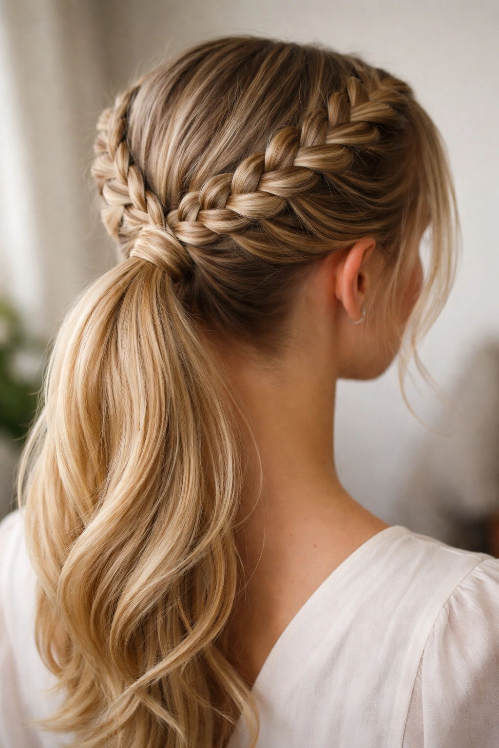 Braided crown encircling the head with braids meeting into a ponytail at the back