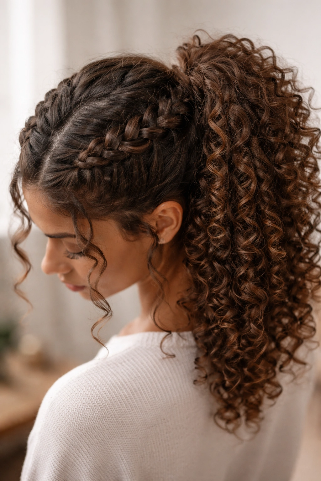 Top view of crown braid leading into a textured ponytail on curly hair