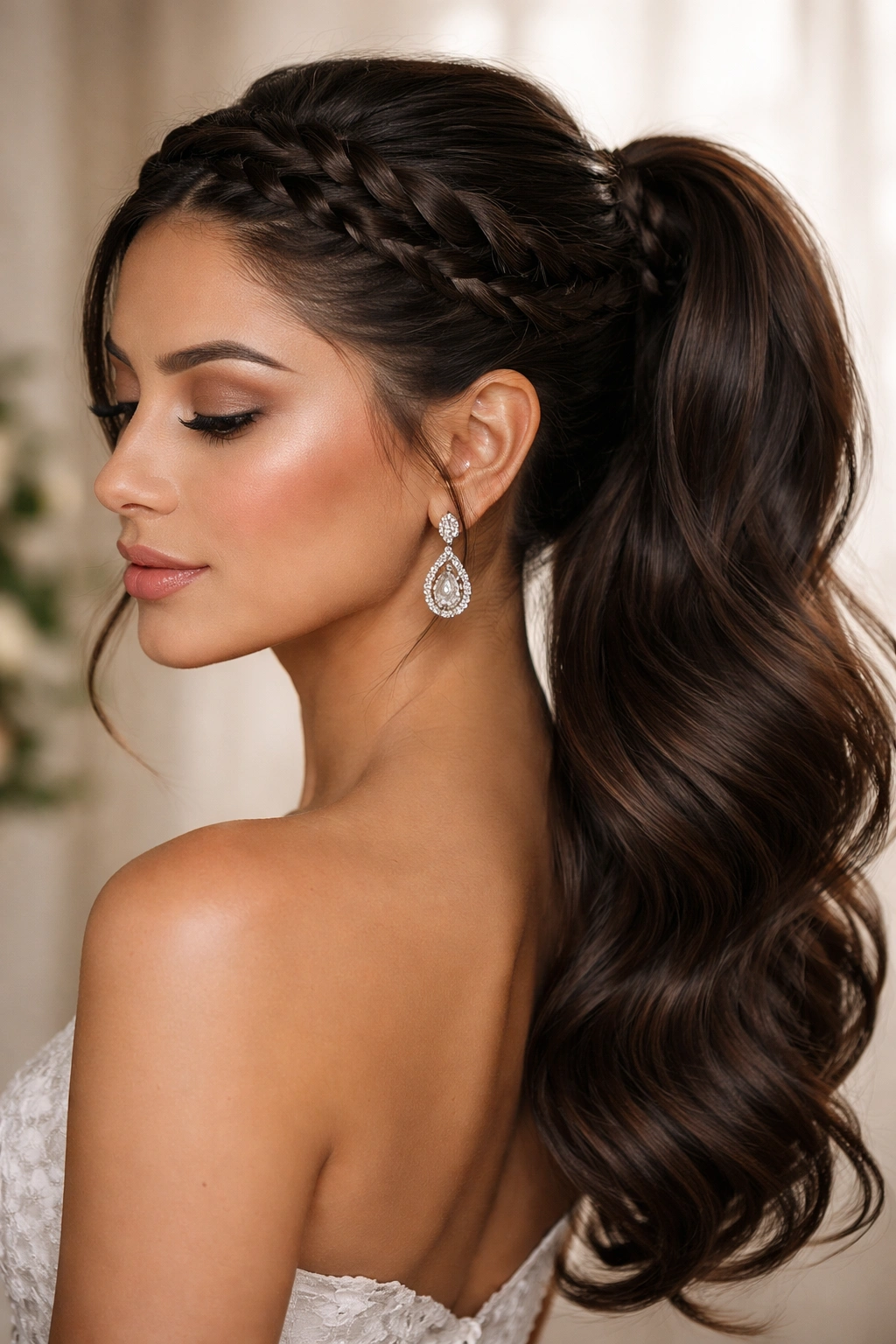 Close-up of crown braid forming a ponytail