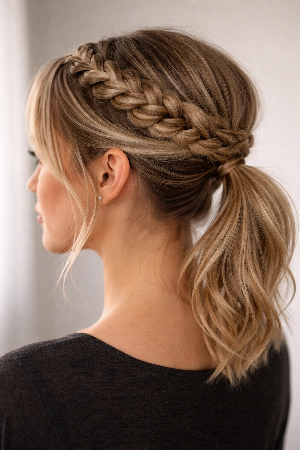 Partial crown braid across top and low ponytail at nape on short hair