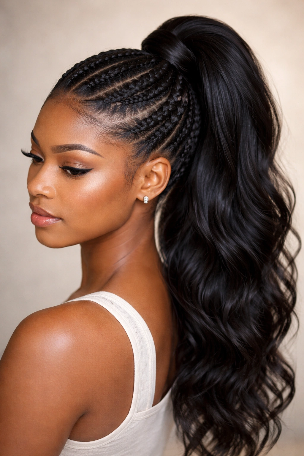 Braided crown ponytail with crown braids and high weave ponytail