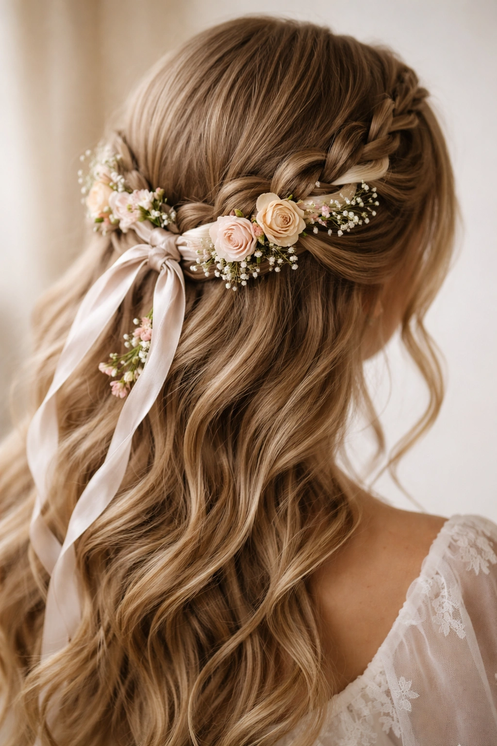 Braided crown with silk ribbon woven through and floral accents along the braid