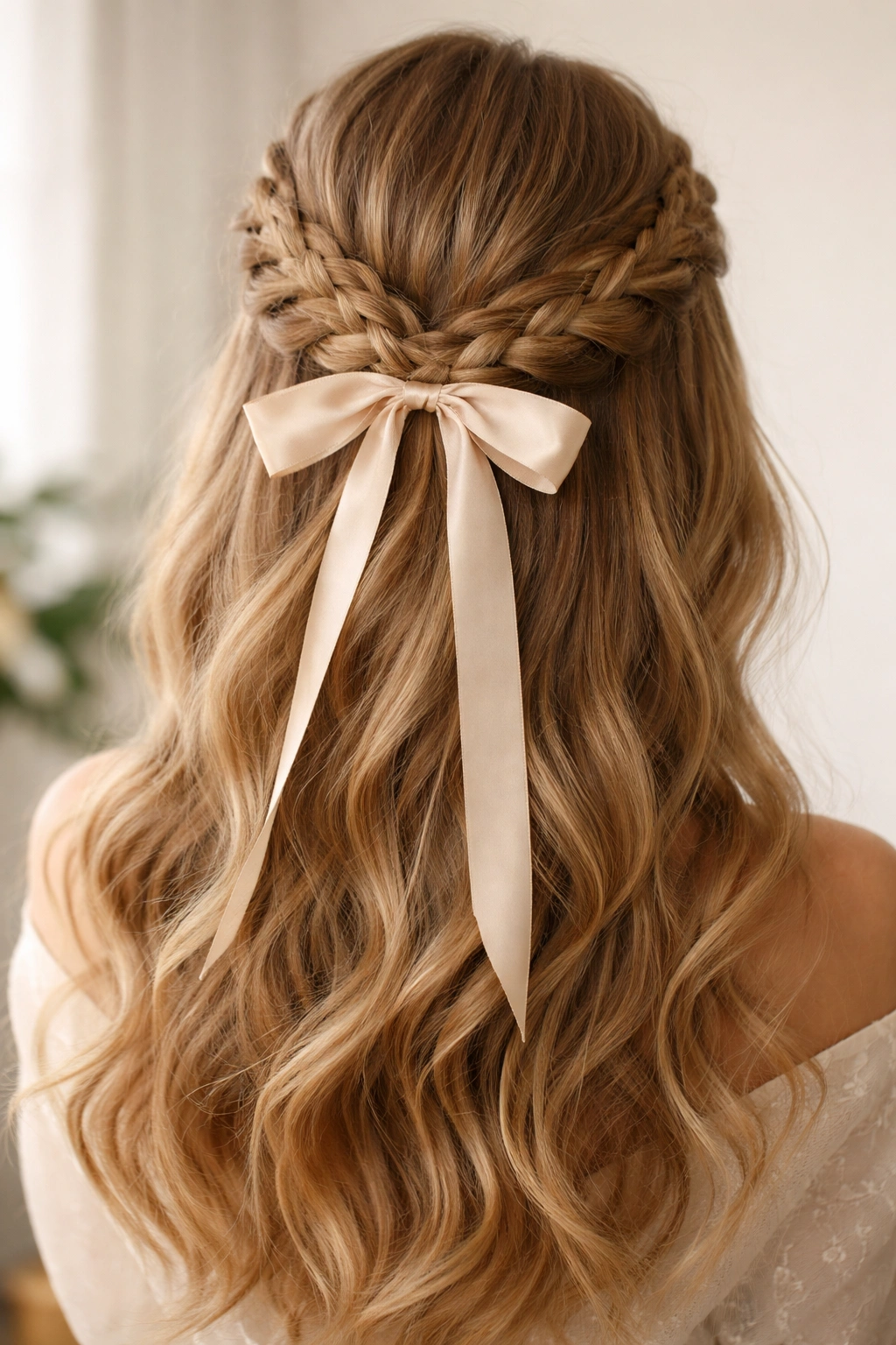 Close-up of a crown braid encircling the head with a ribbon tie at the back