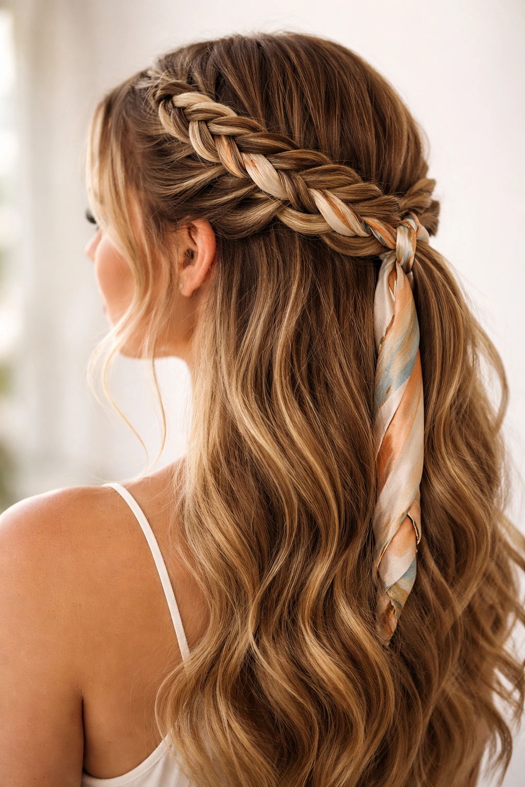 Close-up of The Braided Crown with Scarf Weave showing a scarf woven as a fourth strand in a crown braid