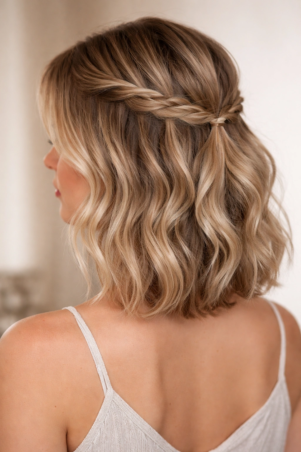 Braided crown half up hairstyle with braids meeting at the nape
