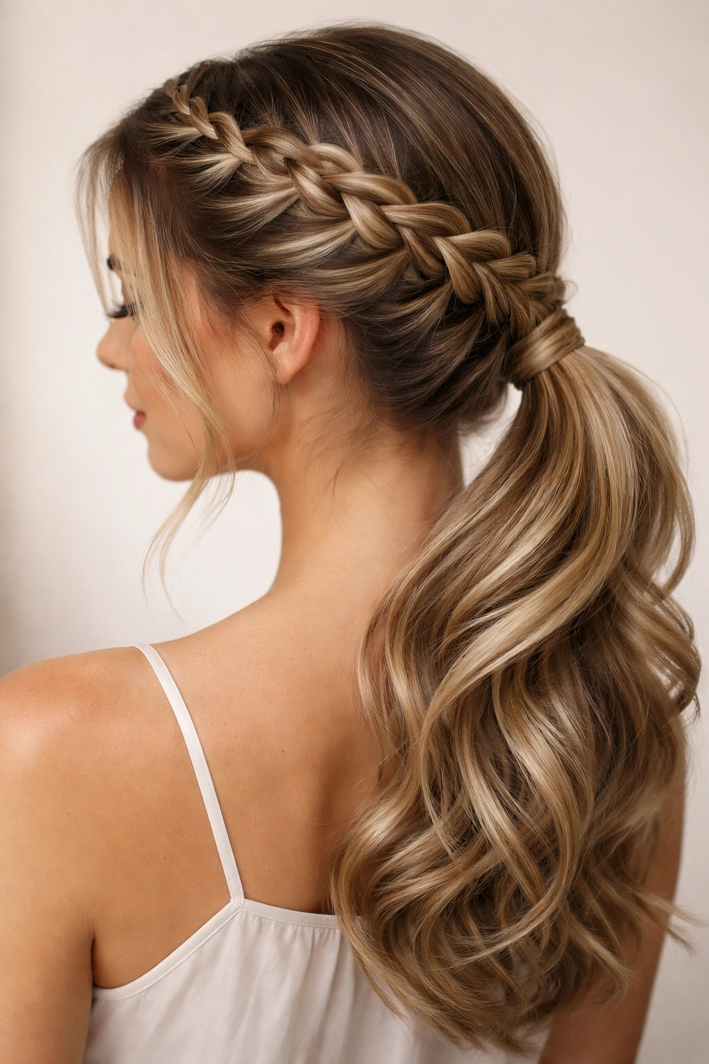 Close-up of crown braid encircling head into side ponytail