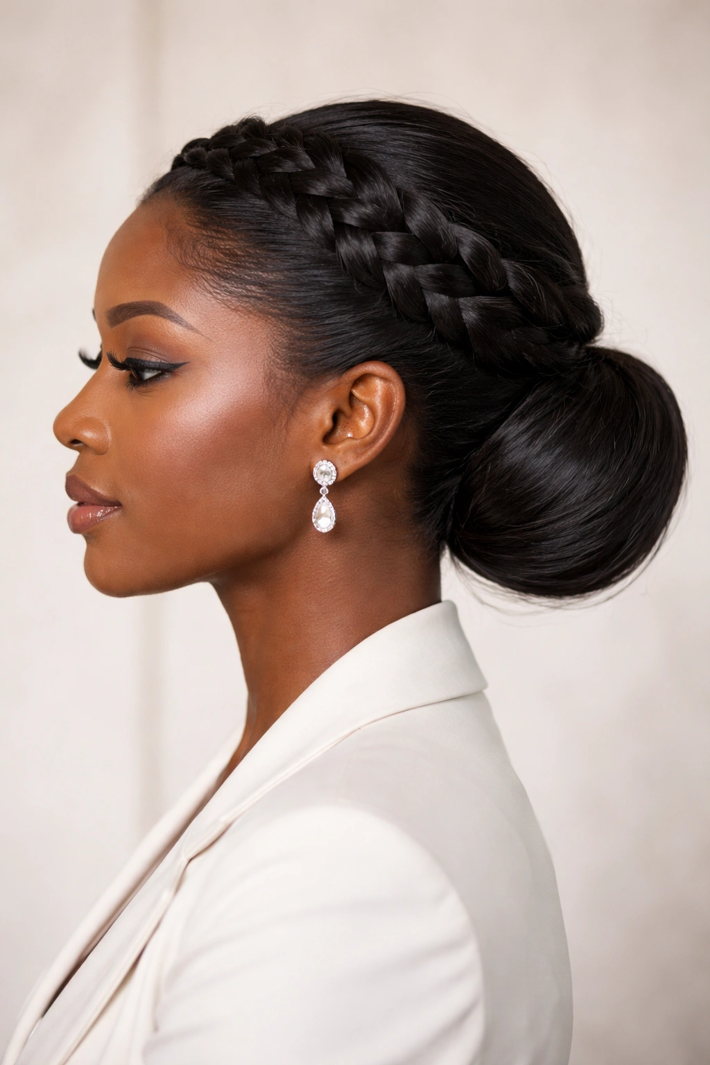 Braided crown leading to sleek low bun on textured hair