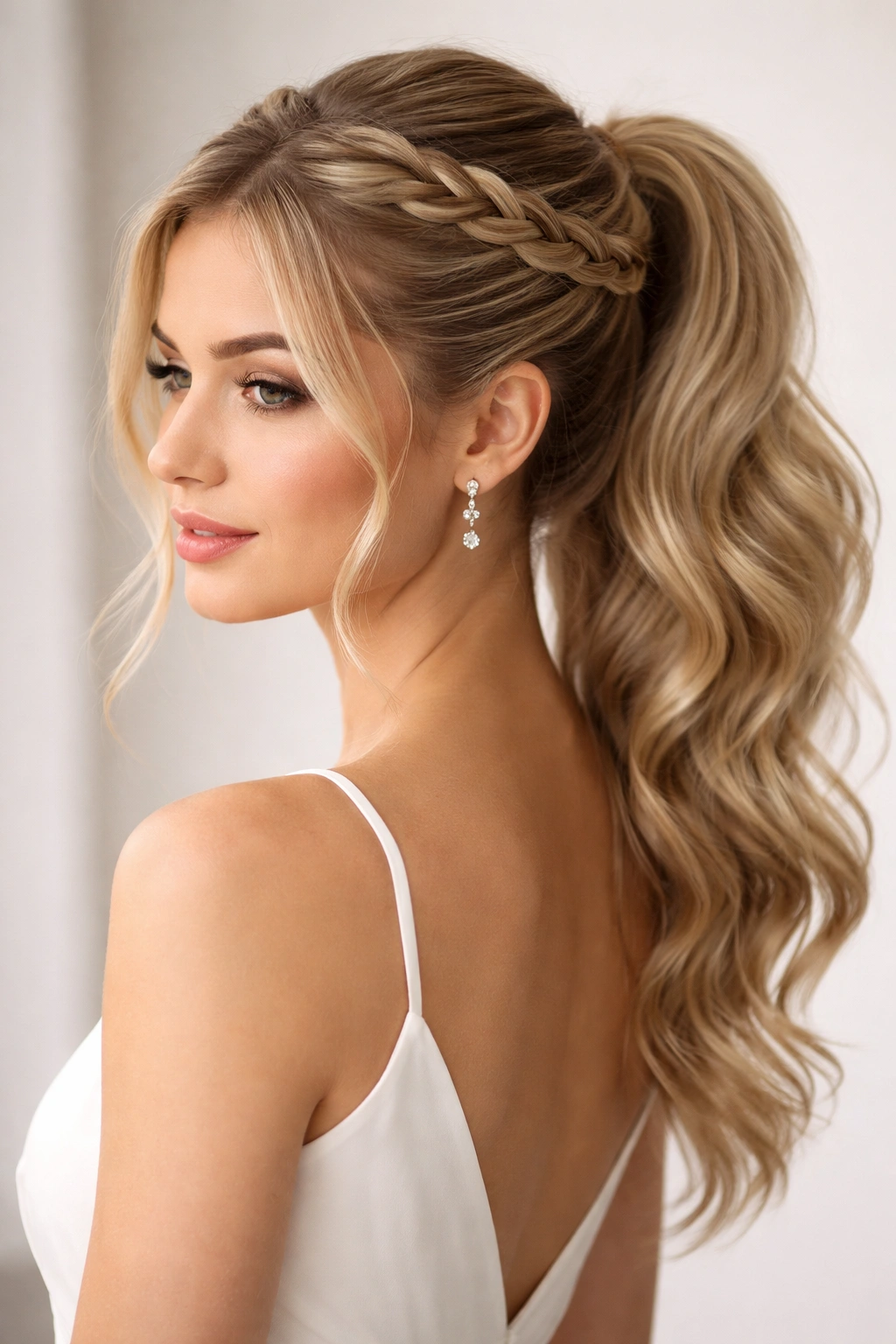 Braided crown around head leading to high ponytail