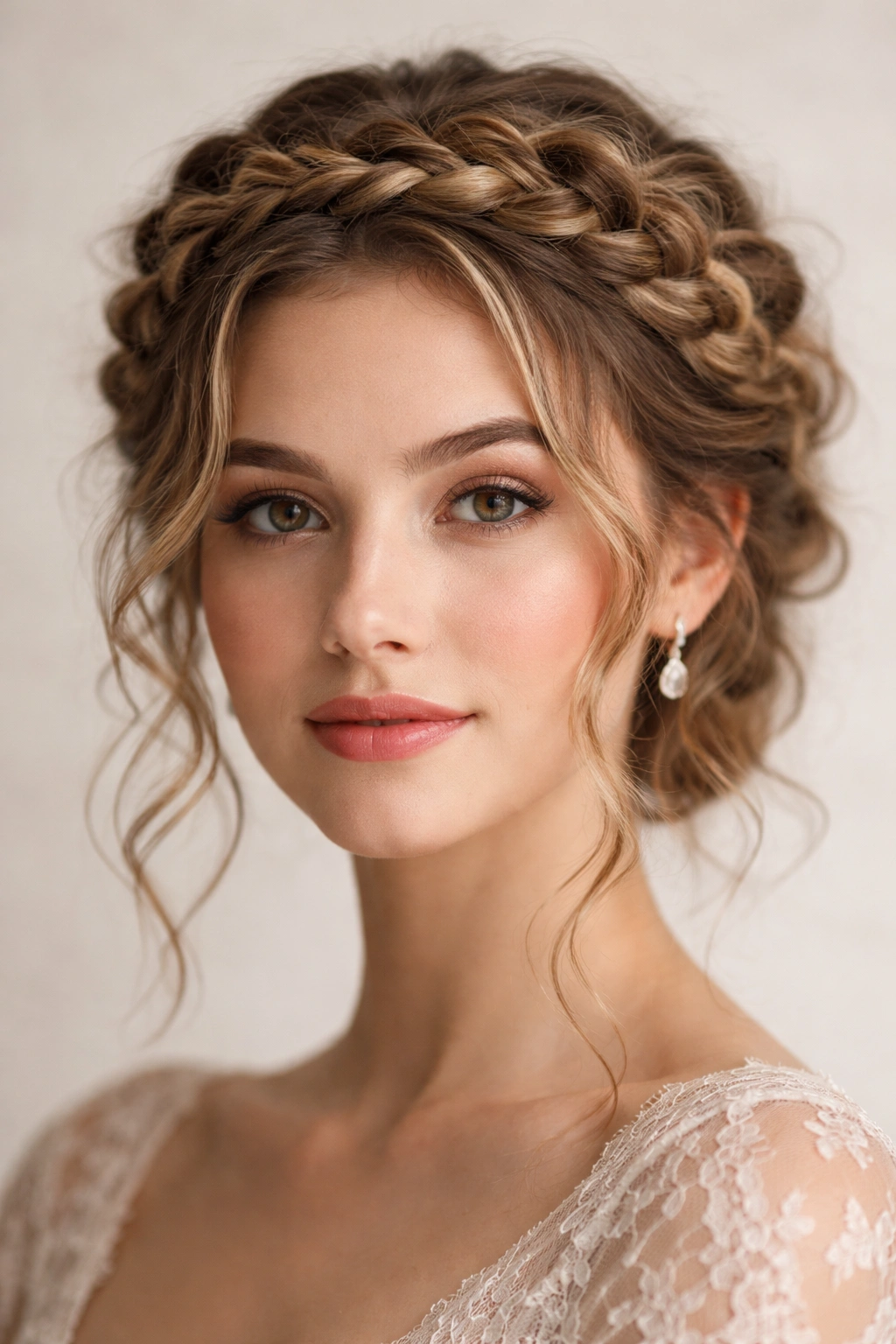 Front view of a braided crown updo highlighting textured waves