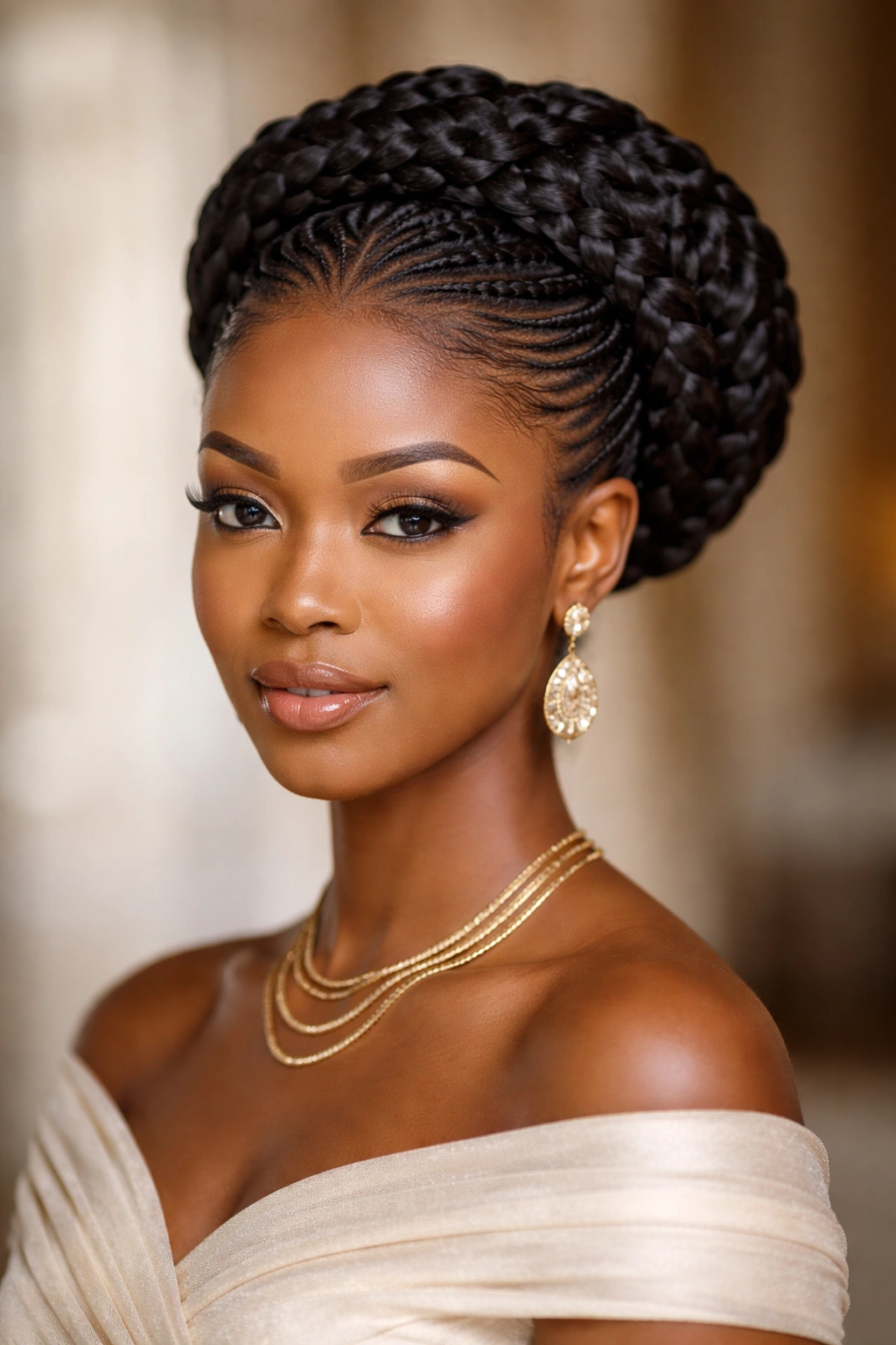 Elegant braided crown updo with braids forming a crown around the head