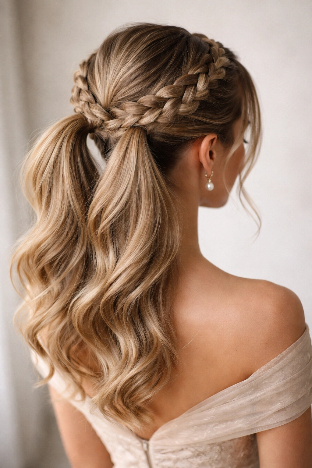 Crown braid framing the head merging into two upswept ponytails for a formal look.